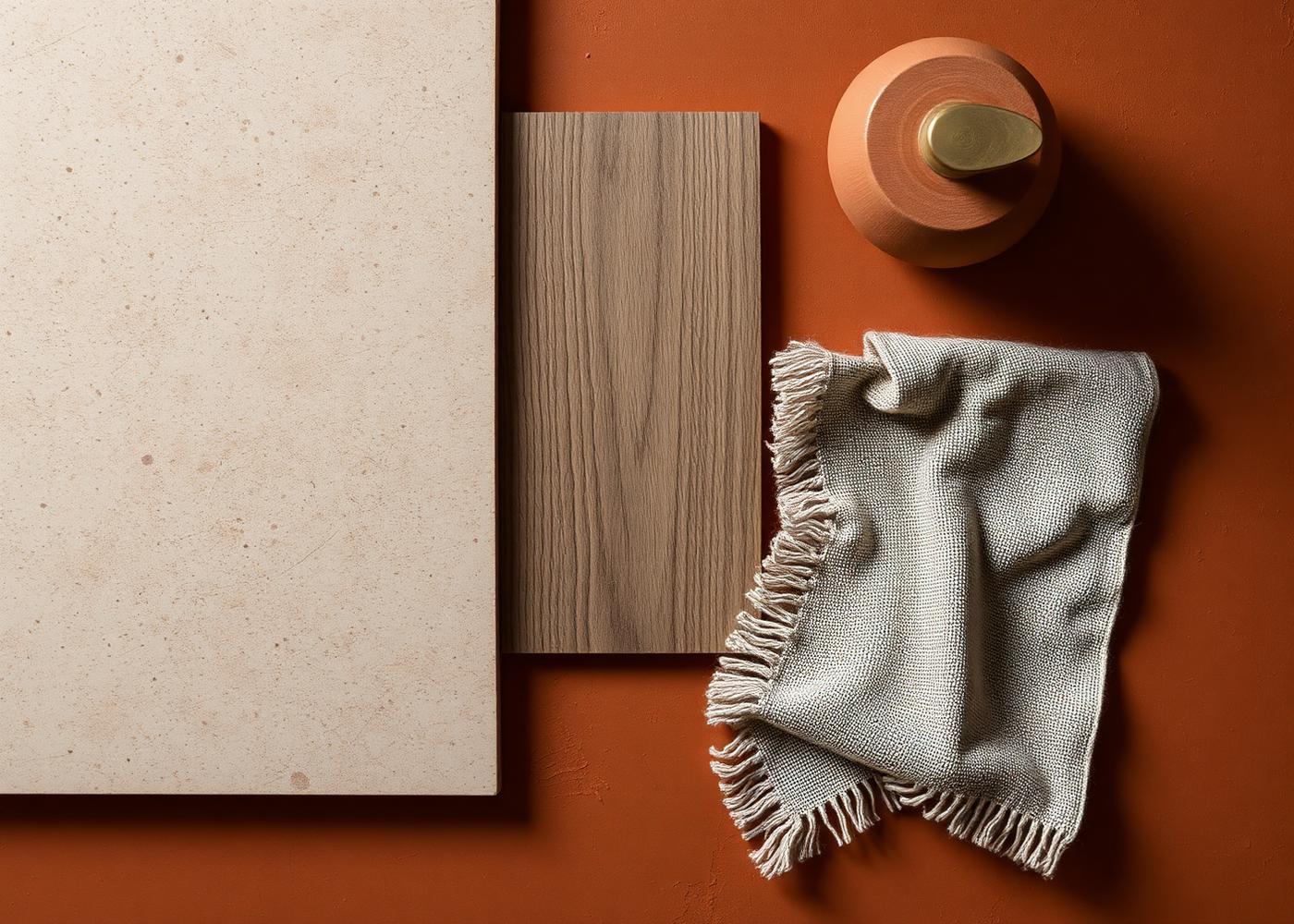 Flat Lay aus Travertin, Eiche, Leinen und Messing auf Terrakotta-Putz